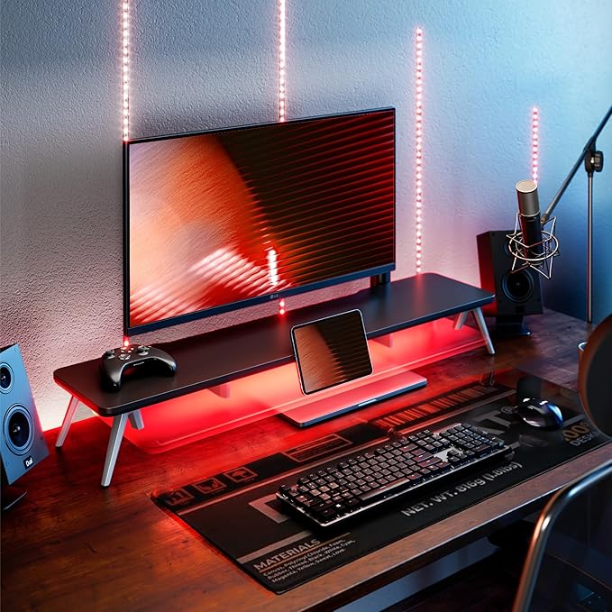 Fenge Dual Monitor Stand, 2 Tiers Acrylic Monitor Riser with LED Lights, 42.5 Inch Wood and Aluminum Desk Shelf with Phone and Tablet Holder