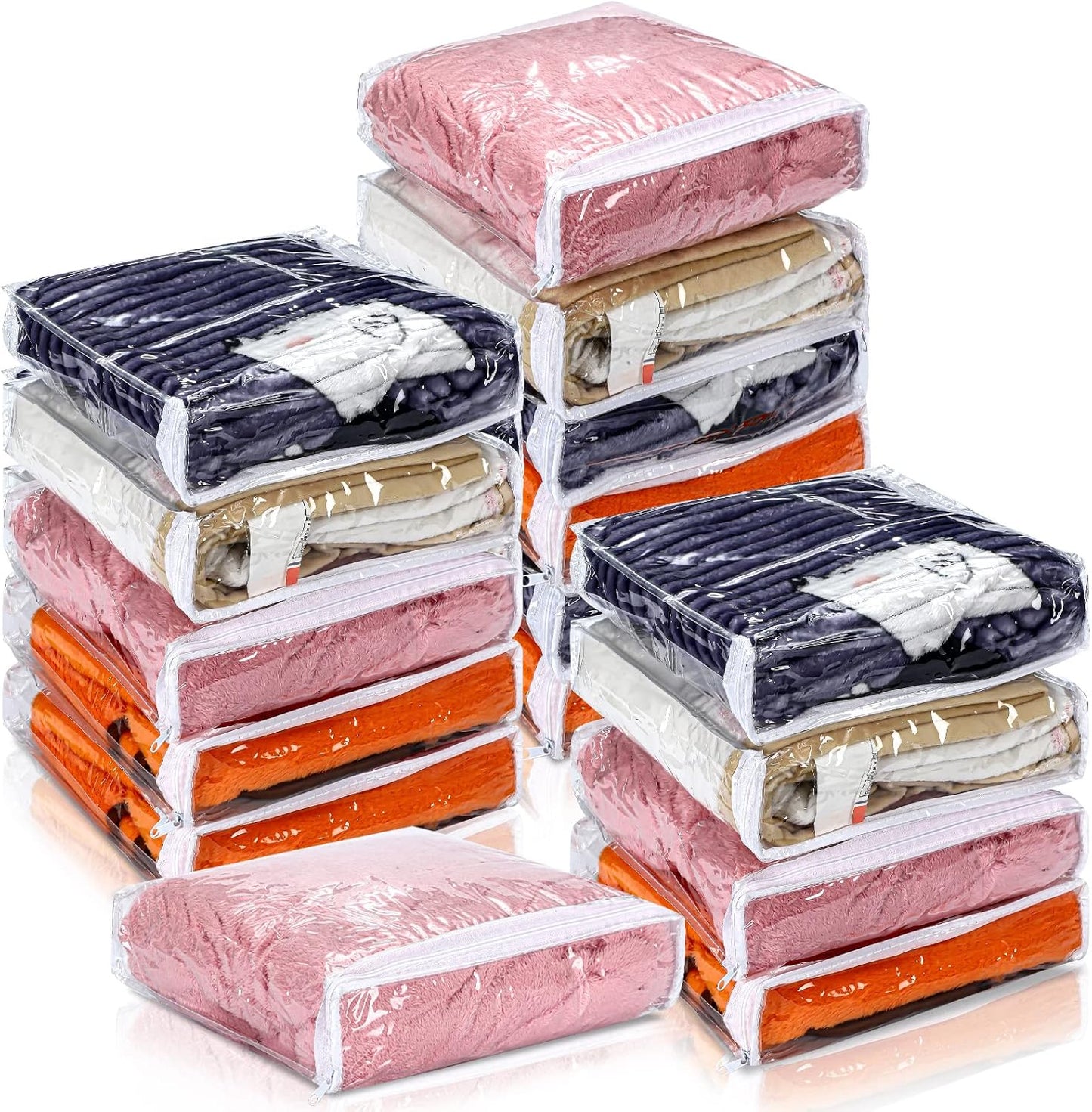 Kingdder 16 Pcs Clear Zippered Storage Bags Plastic Sweater Bags with Zipper 10 x 10 x 2.5 Inch Vinyl Sheet Organizer and Storage for Clothing Blankets Sheet Linen Bed Pillow Cube Organizer