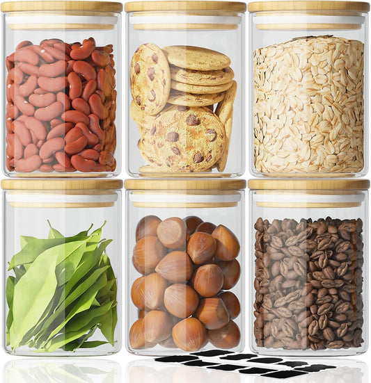 6 Piece Glass Storage Jars Set with Airtight Bamboo Lids and Labels,18.6oz/550ml Glass Spice Jars Food Storage Containers for Home Kitchen,Pantry, Tea, Sugar, Salt, Coffee, Flour, Herbs, Grains