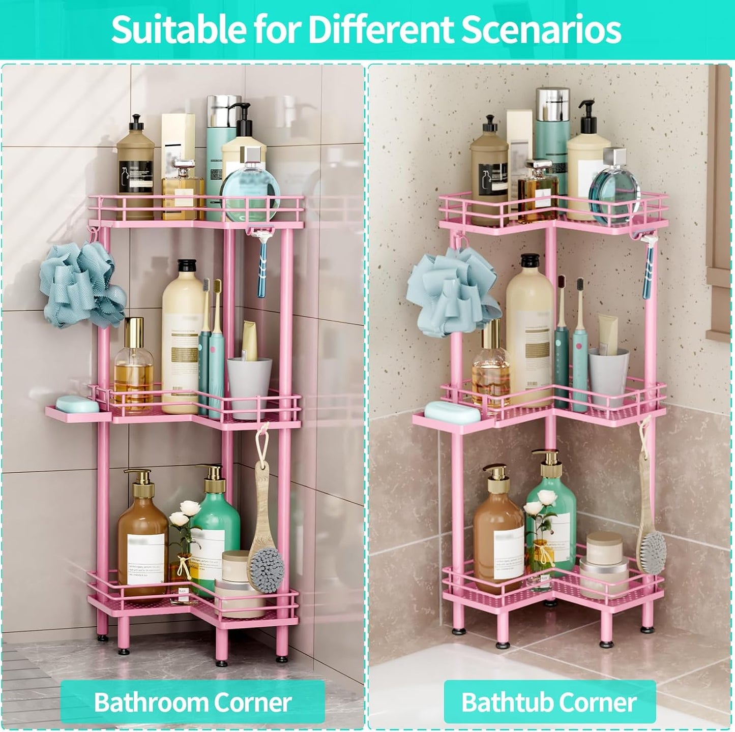 HapiRm Corner Shower Caddy Standing - 3 Tier Shower Organizer Corner with Soap Holder, Rustproof Bathroom Standing Organizer with 4 Hooks, Pink