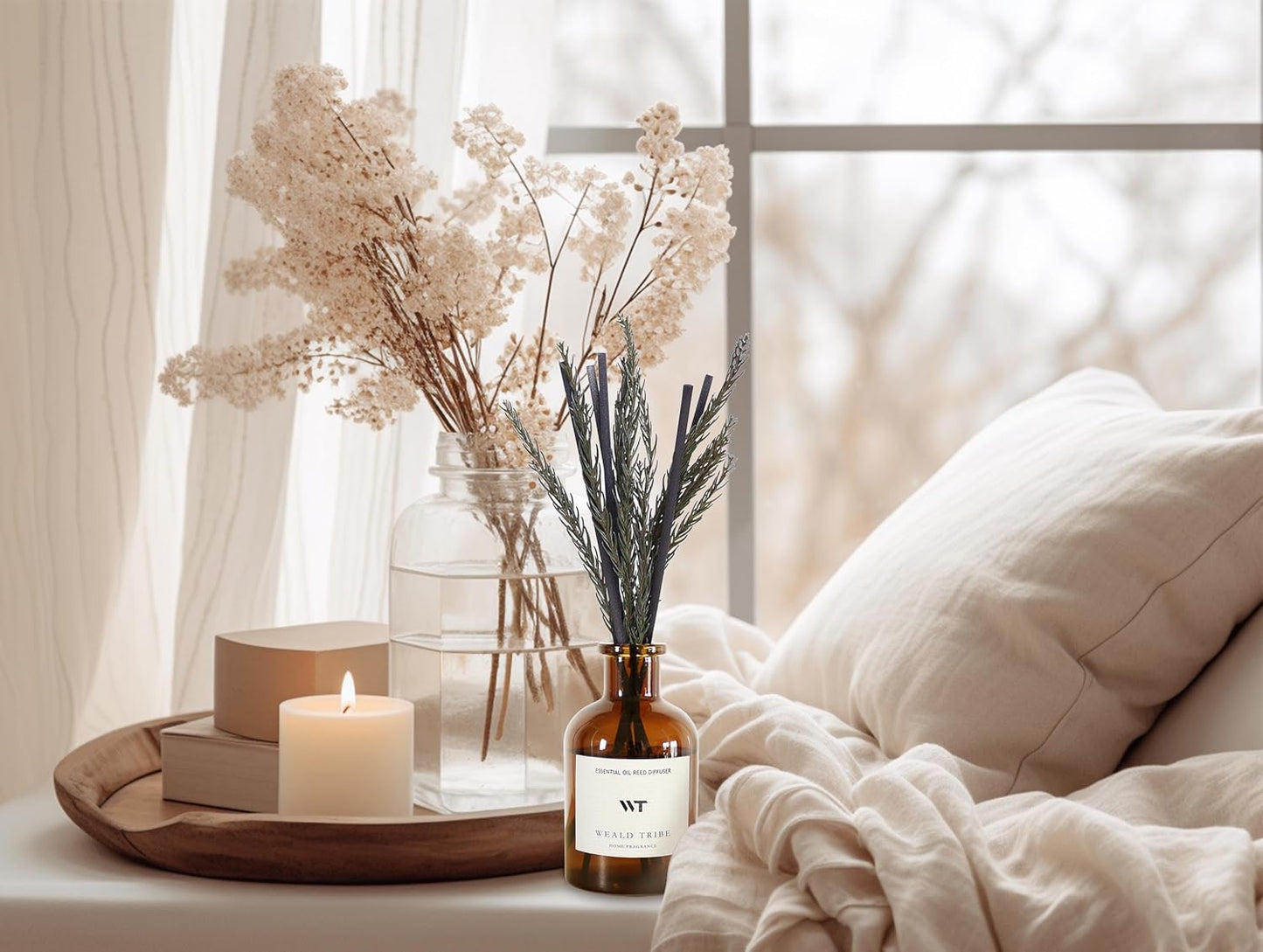 WEALD TRIBE Reed Diffuser Set for Bathroom Air Fresheners, Oil Diffuser Sticks with Flower | Balsam Fir Scent 4.0 fl oz Home Fragrance with Sticks Defusers | House Bedroom Office Shelf Decor