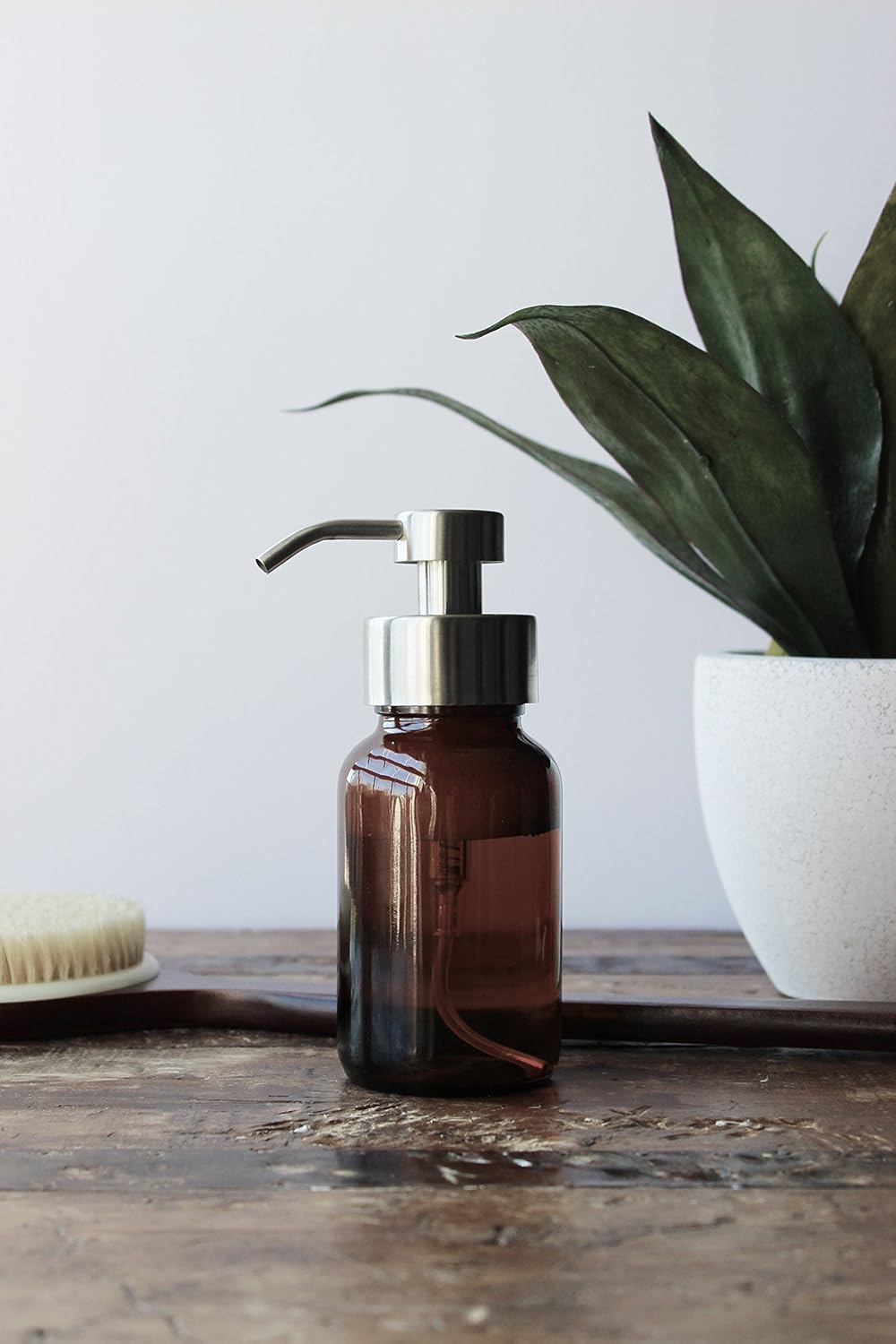 Rail19 Amber Glass Apothecary Foaming Soap Dispenser with Metal Pump - for Kitchen and Bathroom Countertop, 8.5oz (Stainless Steel)