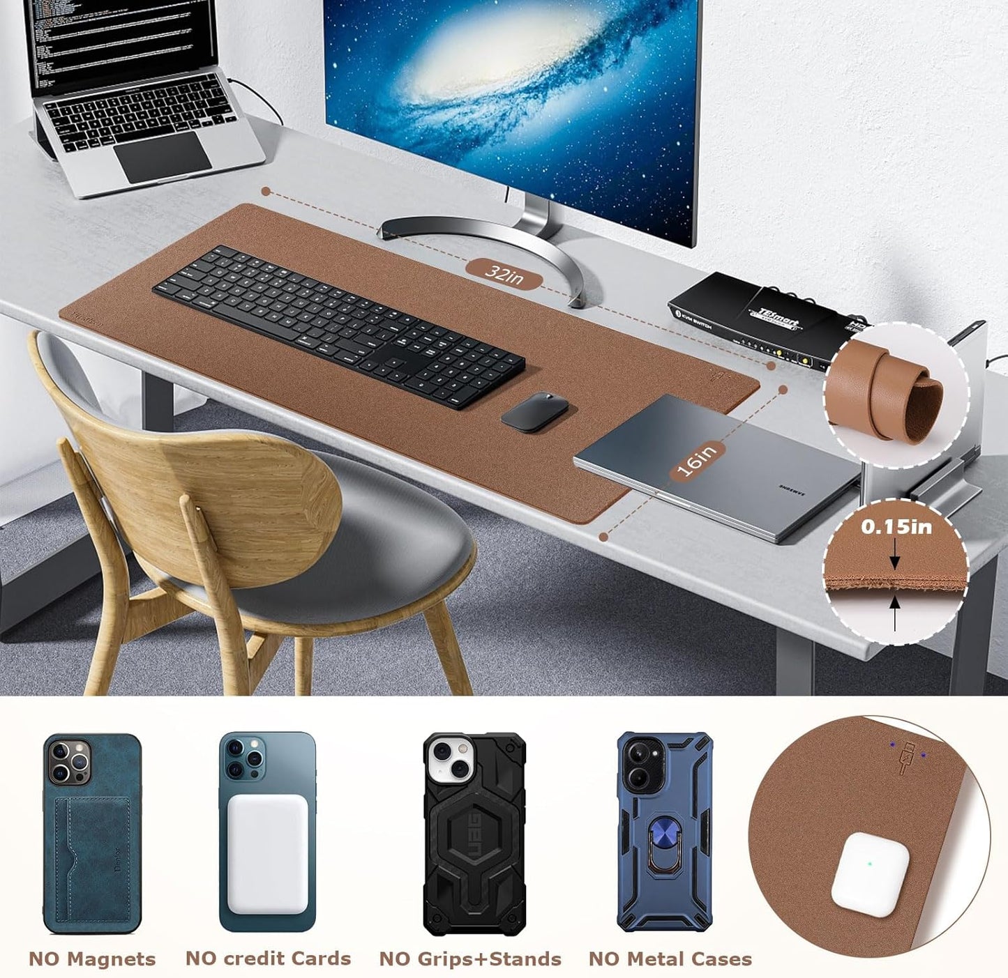Wireless Charging Mouse Pad Firelison 2 in 1 Leather Multifunctional Office Desk Pad with Non-Slip Rubber Base, Waterproof Desk pad for Computers/Office/Work/Home/Decor（ 32" x 16"Buff - R）