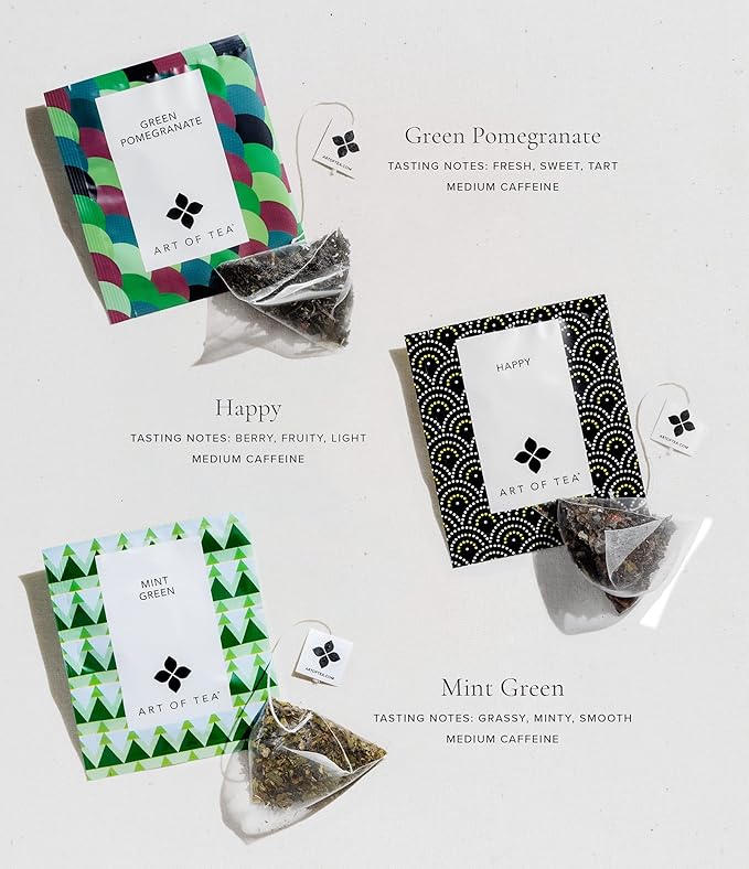 Art of Tea | Assorted Tea Sampler | 12 Count Sampler Box | Breakfast Tea, Earl Grey Creme, Egyptian Chamomile (Non-Caffeinated), French Lemon Ginger (Non-Caffeinated), Green Pomegranate, Mint Green, Tali's Masala Chai, Happy Tea, and White Coconut Creme