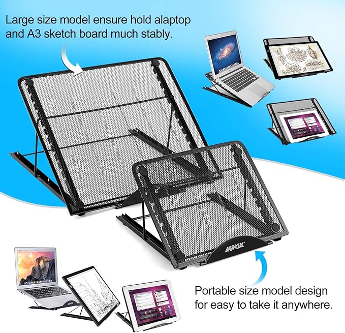 IMAGE Laptop Stand,Large Version Foldable Portable Ventilated Desktop Laptop Stand Holder, Adjustable 12 Angle Points Stand, A3 Compatible with 10" ~ 17" Notebooks, AGPtek/Huion LED Light Box Pad