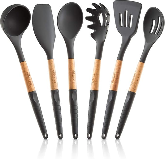 6 Pcs Cookward Silicone Cooking Utensils Set-Natural Wood Kitchen Utensils – Eco Friendly & BPA Free, Non-Scratch & Non-Stick Easy Grip -Dark gray