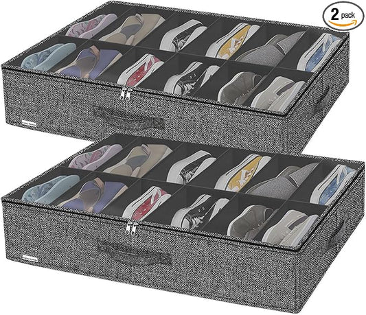 Sturdy Closet Under Bed Shoe Organizer Set of 2 (Fit 12+12 Pairs), Foldable Underbed Shoe Storage Box Bin with Zippers & Handles, Organizador De Zapatos, Linen-like Black, ZMXAUBSB2P
