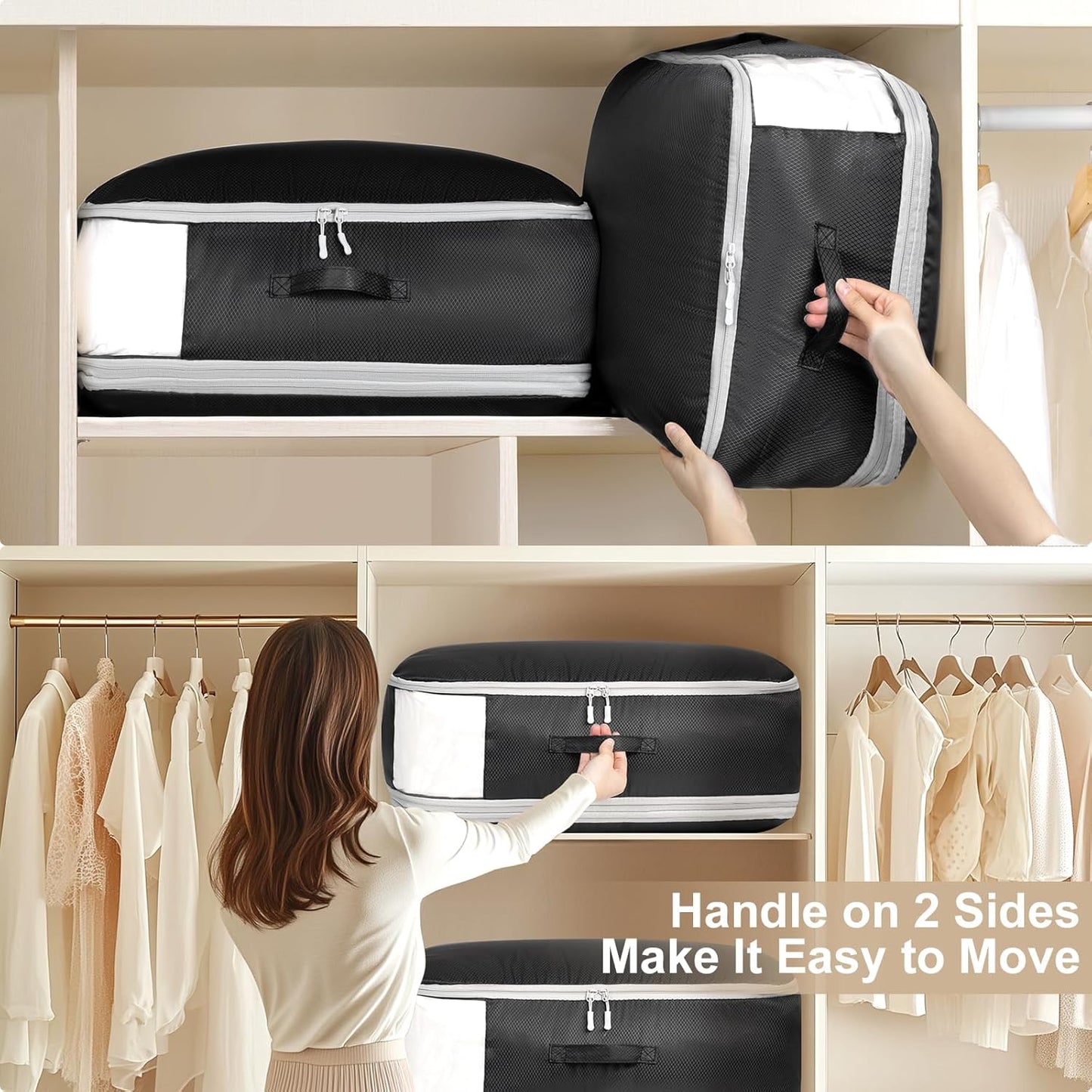 Comforter Storage Bag - Large Capacity Blanket Storage Bags 3-Layer Ultra Space Saving Self Compression Organizer, Washable Compression Bags for Storage Comforter Blanket, 2-Pack, Black