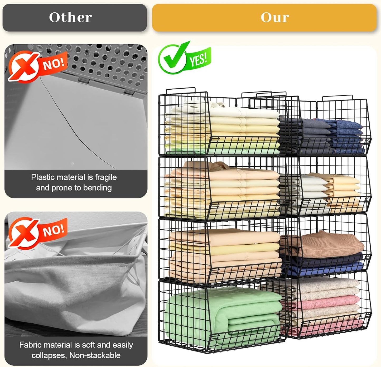 4-Tier Stackable Closet Organizers and Storage Shelves, Foldable Closet Shelf Organizer System, Space-Saving Clothes Storage Drawer Organizer Basket Bins, Black