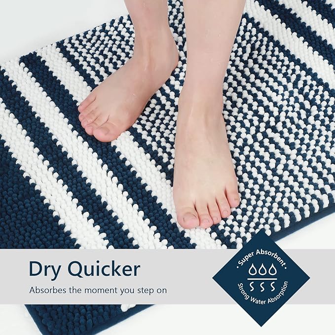 Tindbea Bathroom Rugs Set 2 Piece, Extra Soft and Absorbent Fluffy Striped Chenille Bath Mat Rug Set, Non Slip Bathroom Floor Mat, Machine Washable (20" x 32" Plus 20" x 32", Navy Blue)