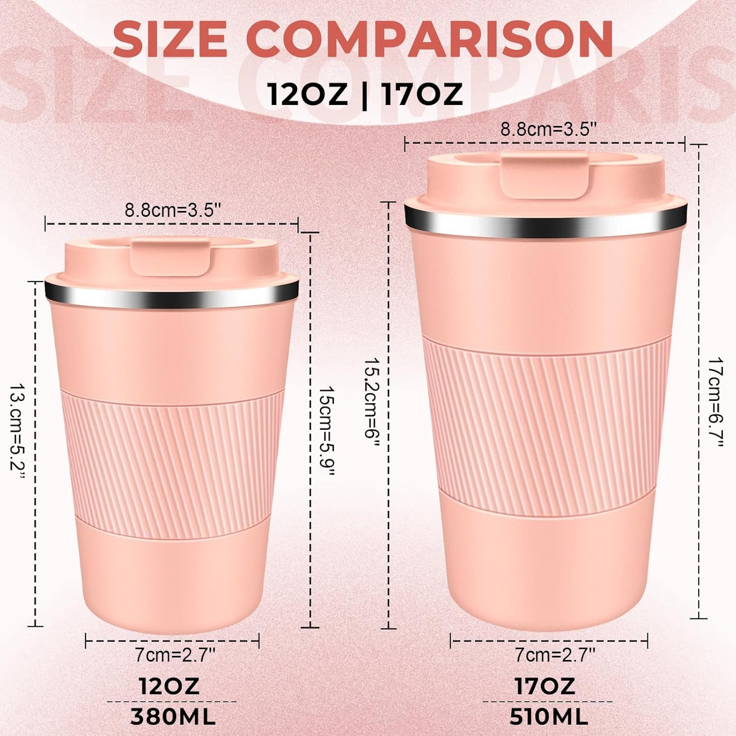 Insulated Coffee Tumbler 12 oz, Stainless Steel Coffee Mug with Lids, Travel Coffee Mug Leak Proof, Double Wall Vacuum Insulated Reusable Coffee Cup, Keep Drinks Hot and Cold (Peach Pink, 12 Ounces)