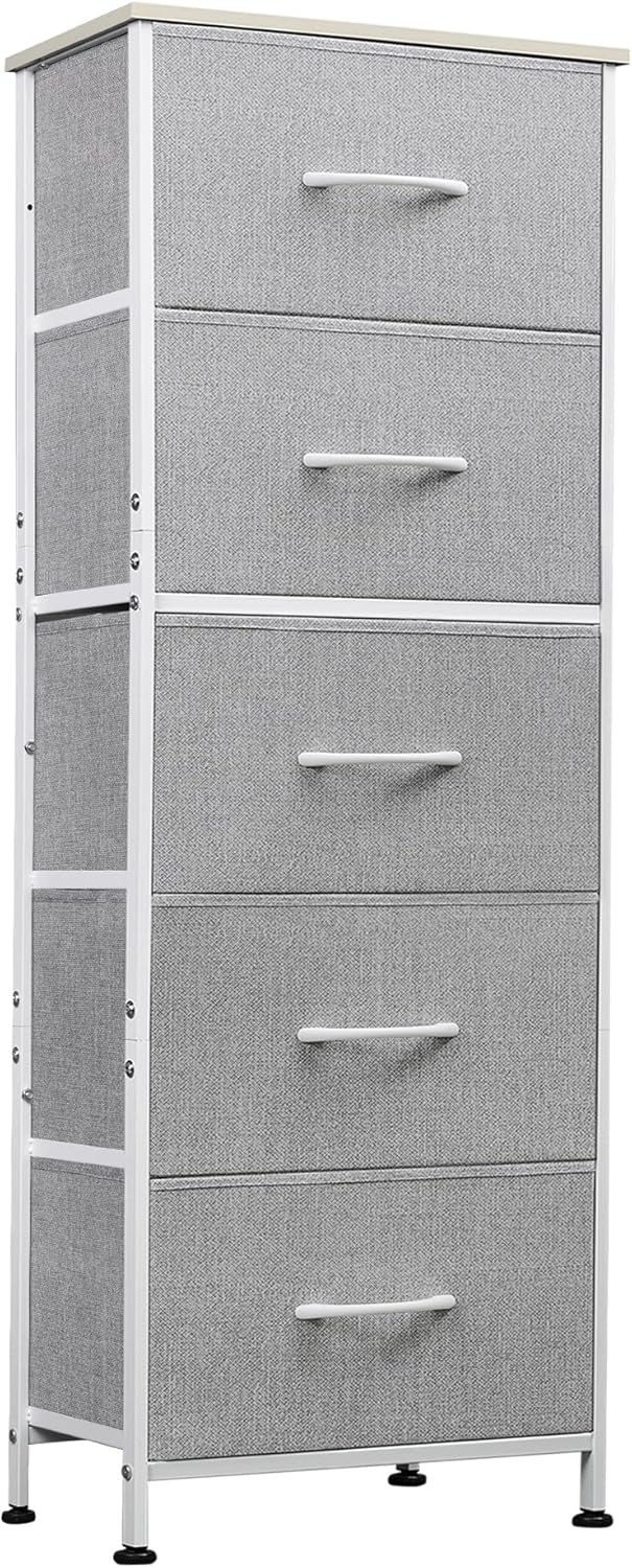 WLIVE Fabric Dresser, 5-Drawer Tall Dresser for Bedroom, Storage Dresser Organizer with Fabric Bins, Wood Top, Sturdy Steel Frame, Chest of Drawers for Closet, Hallway, Light Grey