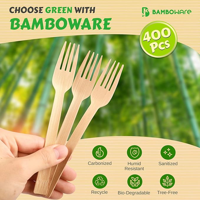 100% Bamboo Utensils - 400 Carbonized Forks Disposable Cutlery Biodegradable and Sanitized - Heavy Duty & Fully Functional
