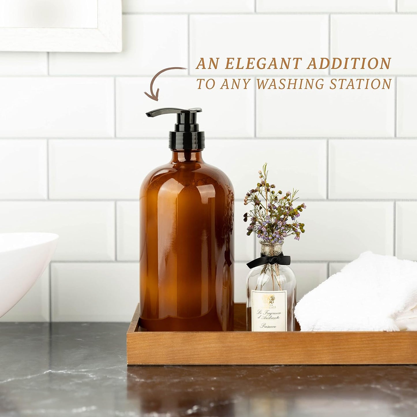 32 Ounce Glass Pump Dispenser Bottle, Large Amber Container with Pump for Shower and Bath Shampoo Soap Conditioner Lotion - 1 Liter - by Kitchentoolz