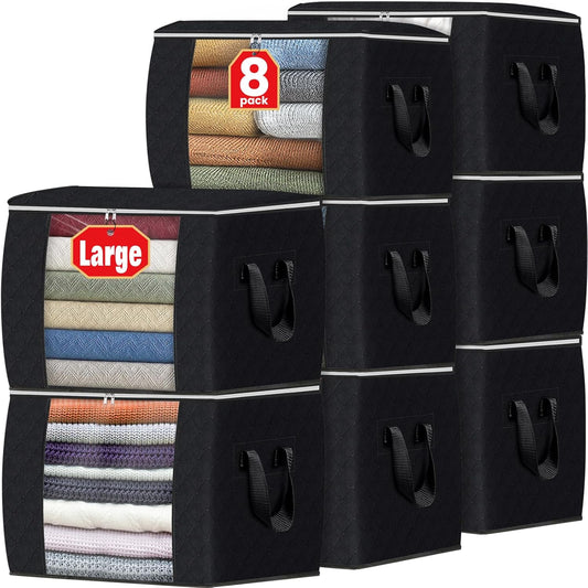 Fab totes 24 Gallons Clothes Storage, Foldable Thick Fabric Blanket Storage Bags, Containers for Organizing Bedroom, Closet, Clothing, Comforter, Organization with Handle (8 Pack,Black)