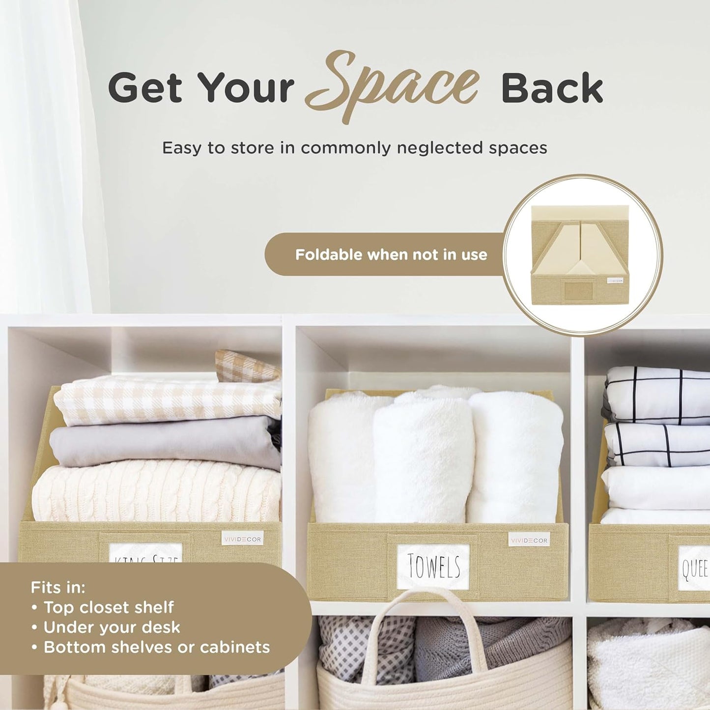 Trapezoid Storage Bins – 3-Pack Closet Shelf Organizer & Baskets, Open Front Bin for Shelves, Foldable Fabric Basket for Clothes, Cube Storage Bins, Towel, Clothing Shelf (Beige, 3 Pack)