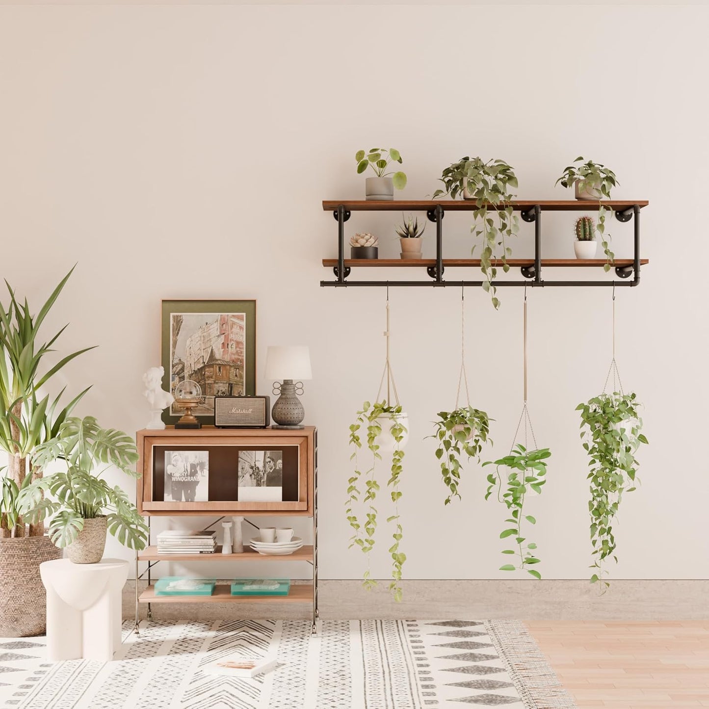 Wall Mounted Clothes Rack 12 Inch Deep, 60 Inch Heavy Duty Garment Rack with Real Walnut Wood Shelf, Multi-Purpose Hanging Rod & Space-Saving Closet Storage Organizer