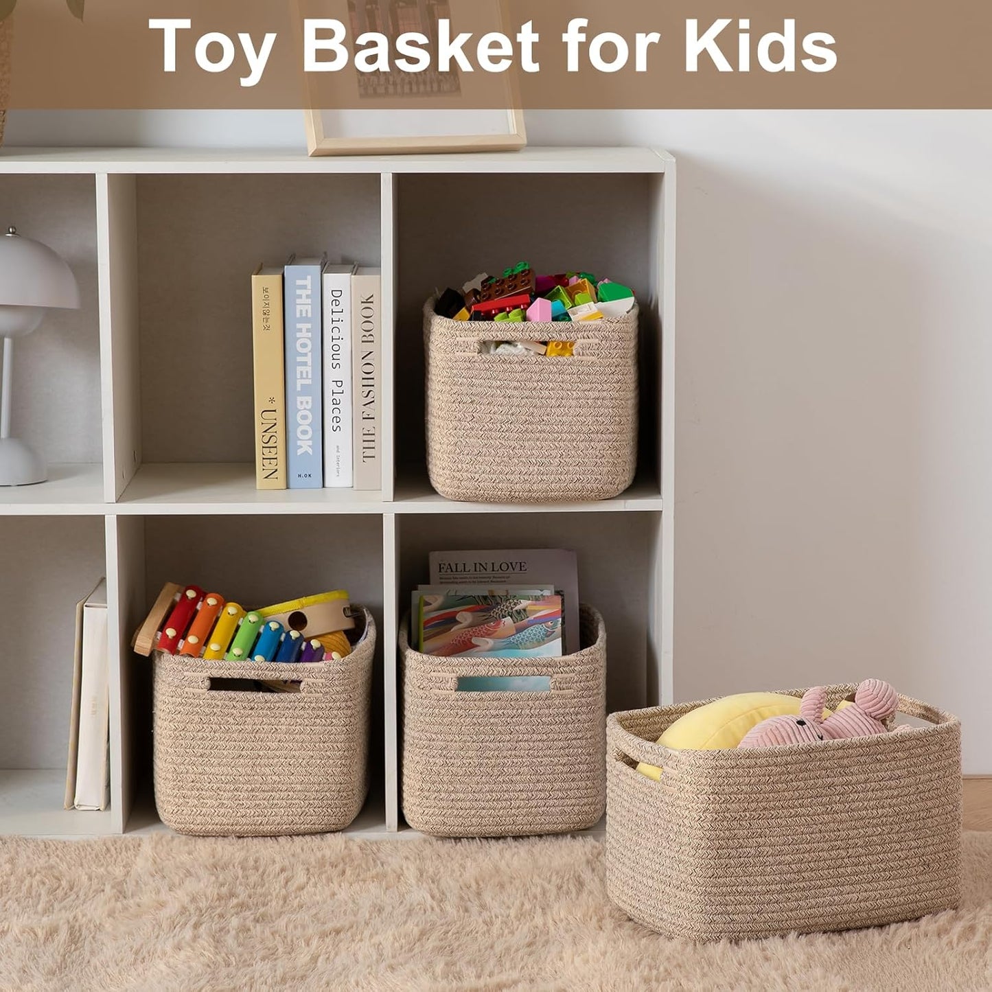 Storage Baskets for Organizing, Woven Decorative Baskets for Shelves - Books, Towels, and Clothes, Cotton Rope Toy Storage Bins, 12.7''Lx9''Wx7.8''H, Pack of 4, Brown