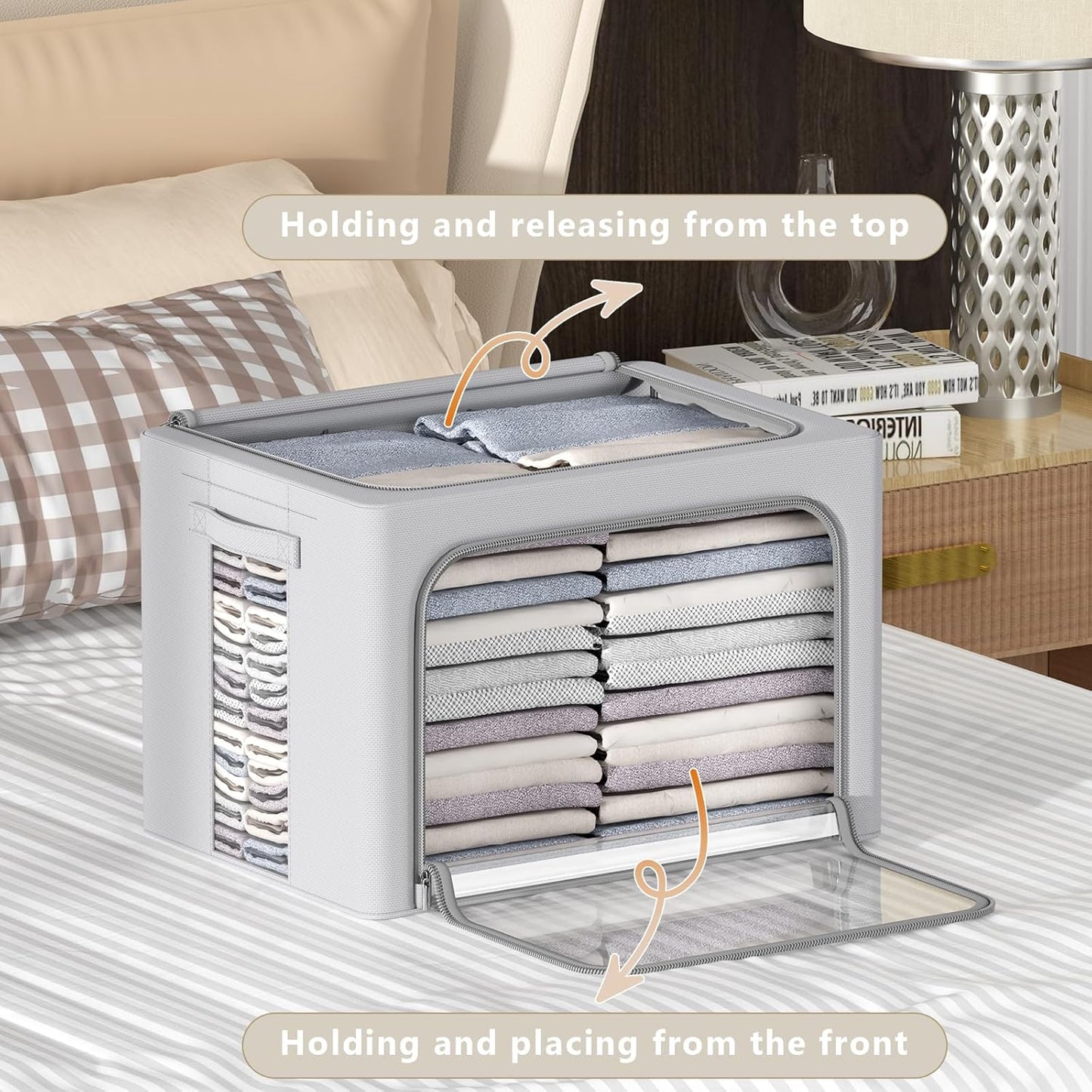 3Pack Frame Storage Box - Clothes Storage Bin Bags Oxford Fabric Foldable Stackable Container Organizer Set with Clear Window & Carry Handles Large Capacity (Grey, Large-66L)