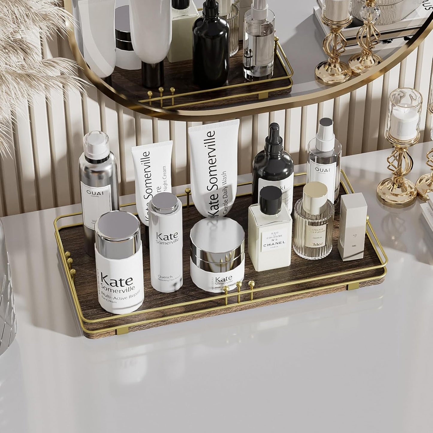 Toilet Paper Basket, Bathroom Basket for Counter Toiletries Towel Decor, Toilet Tank Tray, Guest Back of Toilet Organizer Storage, Vanity Tray for Perfume Makeup, Kitchen 13”x6.5” Brown-Gold