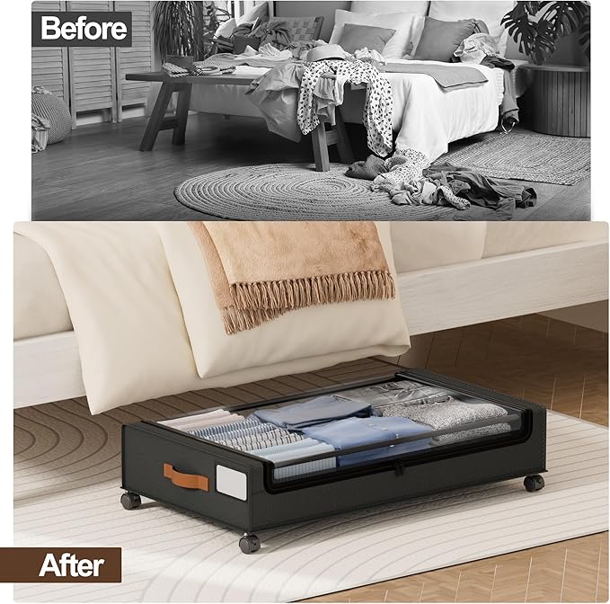 LAMU 2 Pack Under Bed Storage with Wheels, 60L Large Lapacity UnderBed Storage Containers with Clear Lid and Handles, Under the Bed Storage Bins Drawers for Clothes, Blankets, Shoes, Books, Black