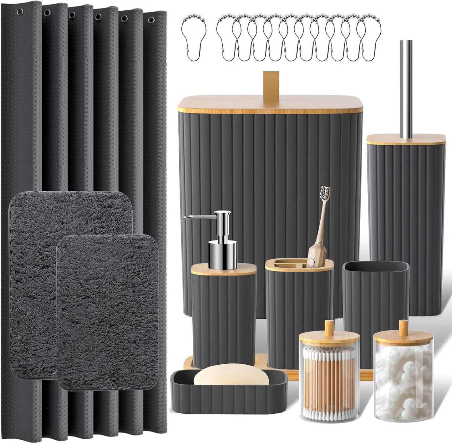 Bathroom Accessories Set - 24PCS Bathroom Set with Shower Curtain and Rugs, Trash Can, Toilet Brush Holder Set & Soap Dispenser – Stylish & Functional Bath Decor for Home, Apartment, Grey
