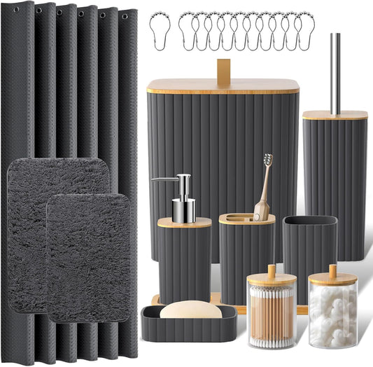 Bathroom Accessories Set - 24PCS Bathroom Set with Shower Curtain and Rugs, Trash Can, Toilet Brush Holder Set & Soap Dispenser – Stylish & Functional Bath Decor for Home, Apartment, Grey