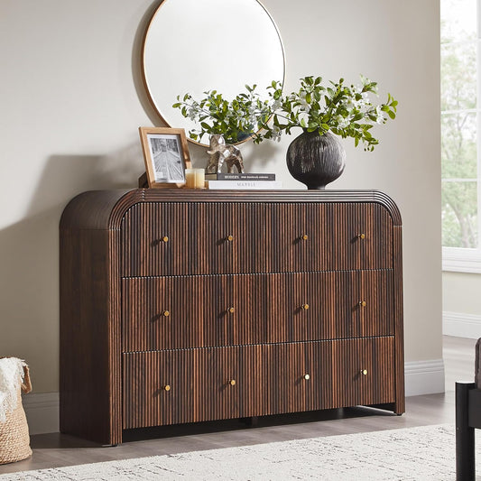 T4TREAM Fluted 6 Drawers Dresser for Bedroom, 54" Wide Modern Chest of Drawers with Thickened Curved Profile Design, Wood Dressers TV Stand for Bedroom, Living Room, Hallway, Dark Walnut