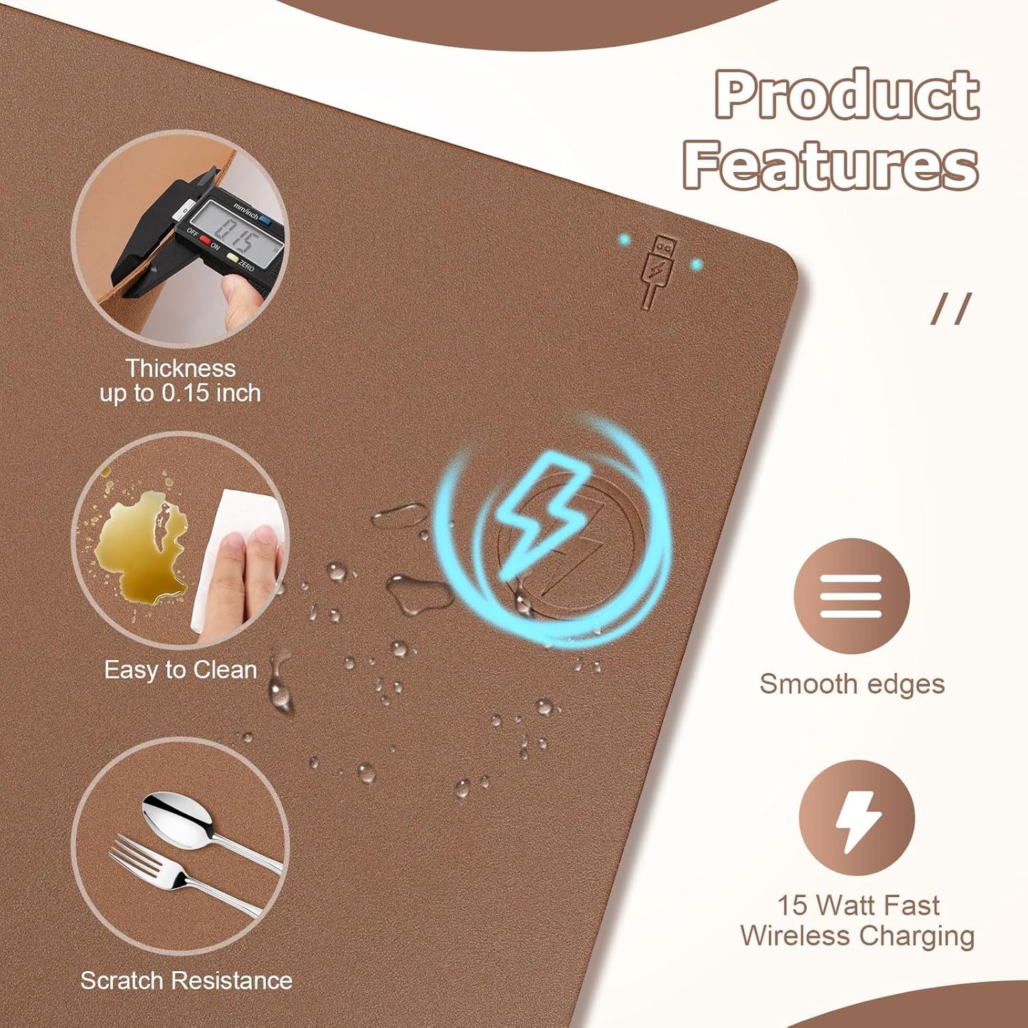 Wireless Charging Mouse Pad Firelison 2 in 1 Leather Multifunctional Office Desk Pad with Non-Slip Rubber Base, Waterproof Desk pad for Computers/Office/Work/Home/Decor（ 32" x 16"Buff - R）