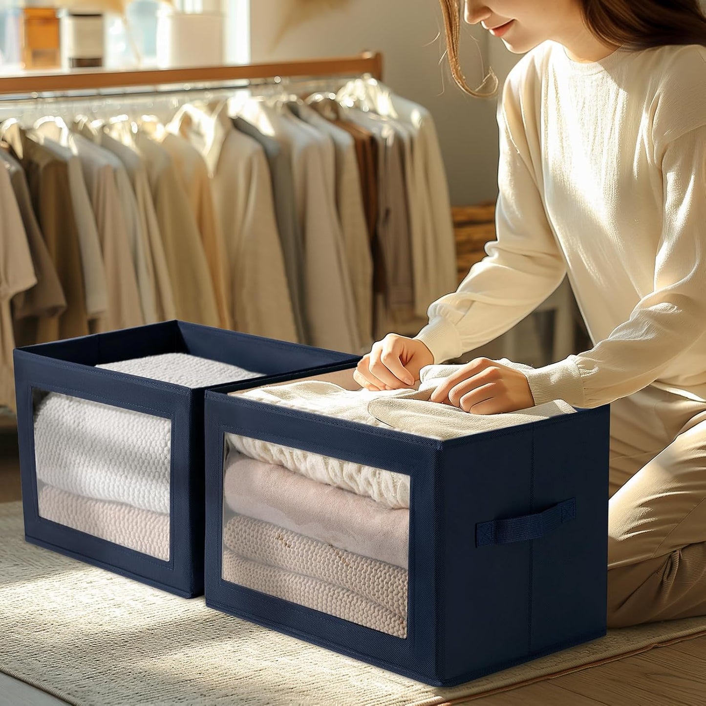 Organizing Bins with Lid - 4 Pack Foldable Clear Window Storage Bins, Large Storage Boxes with Handles, Storage Containers for Clothes, Towel, Blanket, Sheet, Navy Blue