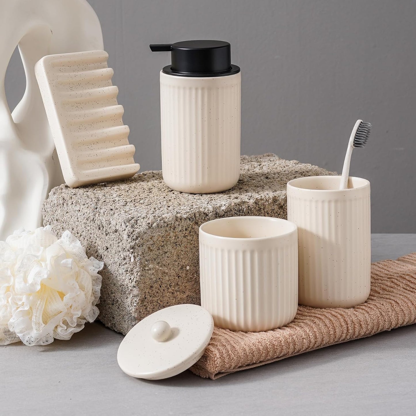 Ceramic Bathroom Accessories Set,Lotion Soap Dispenser and Toothbrush Holder Set, Soap Dish, Apothecary Jars,Rustic Farmhouse Decor, Bathroom Home Decor(Beige Set, Liquid)