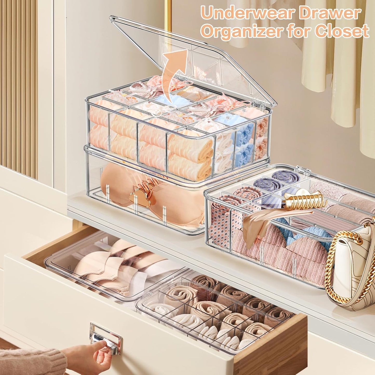 Sock Underwear Organizer, 16 Compartment Adjustable Dividers Bras Socks Underwear Drawer Organizers for Closet, Clear Plastic Storage Containers Box with Lids for Ties Bra Scarf Socks