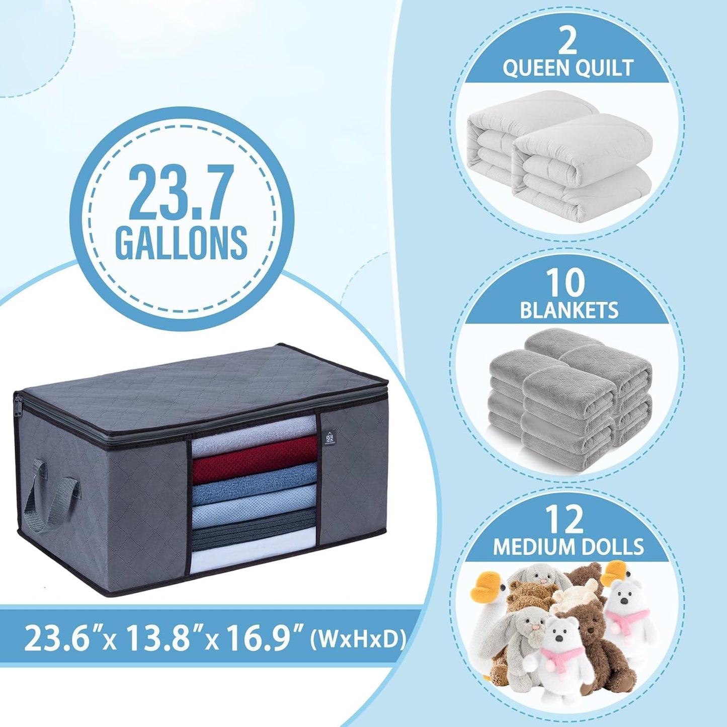 VENO 3 Pack Extra Large Clothes Storage Bag Organizer with Reinforced Handle Thick Fabric for Comforters, Blankets, Bedding, Foldable with Sturdy Zipper, Clear Window, Grey, Reusable (24 Gallon)