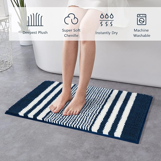 Tindbea Bathroom Rugs Set 2 Piece, Extra Soft and Absorbent Fluffy Striped Chenille Bath Mat Rug Set, Non Slip Bathroom Floor Mat, Machine Washable (20" x 32" Plus 20" x 32", Navy Blue)