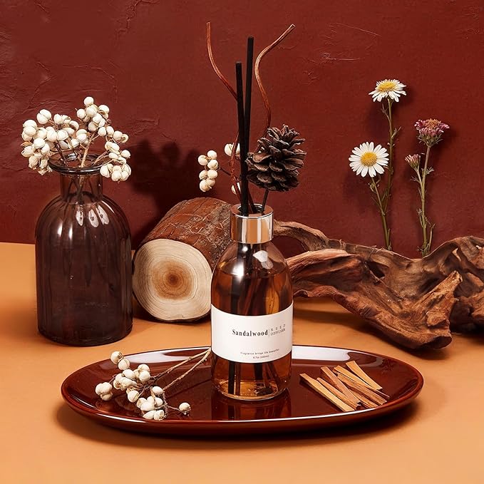 Clesh Reed Diffuser Set, 6.7 oz Sandalwood Scented Diffuser with Sticks, Home Fragrance Reed Diffuser for Bathroom Shelf Decor