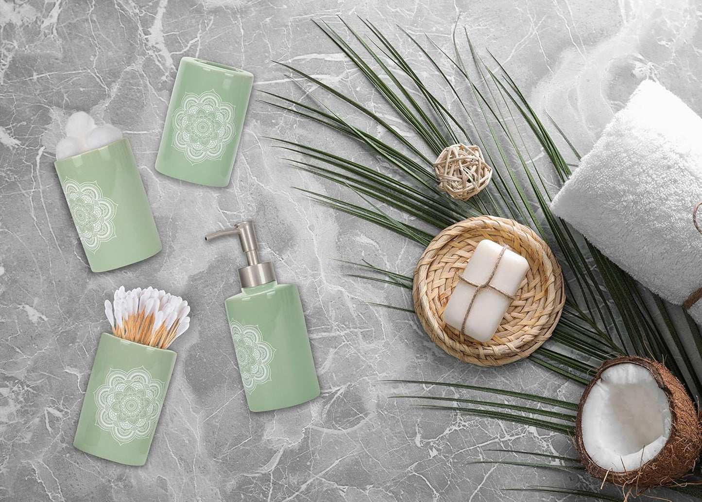 NAT & Jules Chic Modern Rounded 4.5 inch Ceramic Bathroom Accessories Set of 4 - Home Décor & Organization Perfect for Bath or Kitchen Household Essentials, Mandala Sage Green