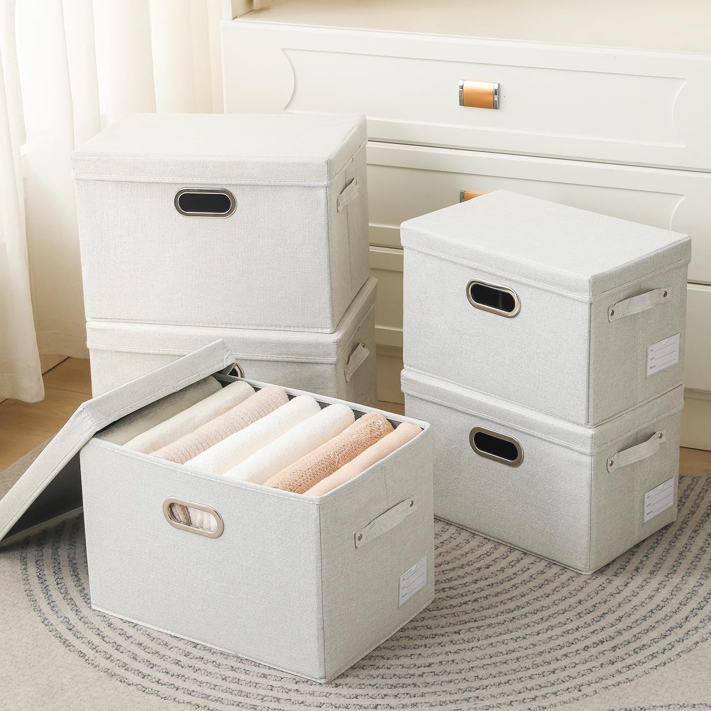 PRANDOM Large Collapsible Storage Containers with Lids [5-Pack] Fabric Foldable Storage Bins Boxes Organizer Baskets Cube with Cover for Home Bedroom Closet Office Beige(17.3x11.8x11.8)