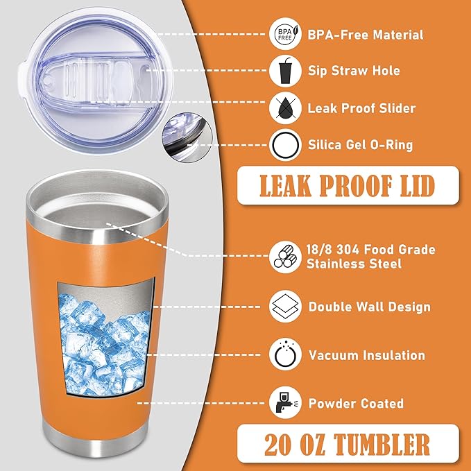 20 oz Tumbler Coffee Travel Tumblers Bulk with Lid Stainless Steel Double Wall Vacuum Insulated Mug Powder Coated Cups fit Car Cupholder for Hot and Cold - Orange, 4Pack