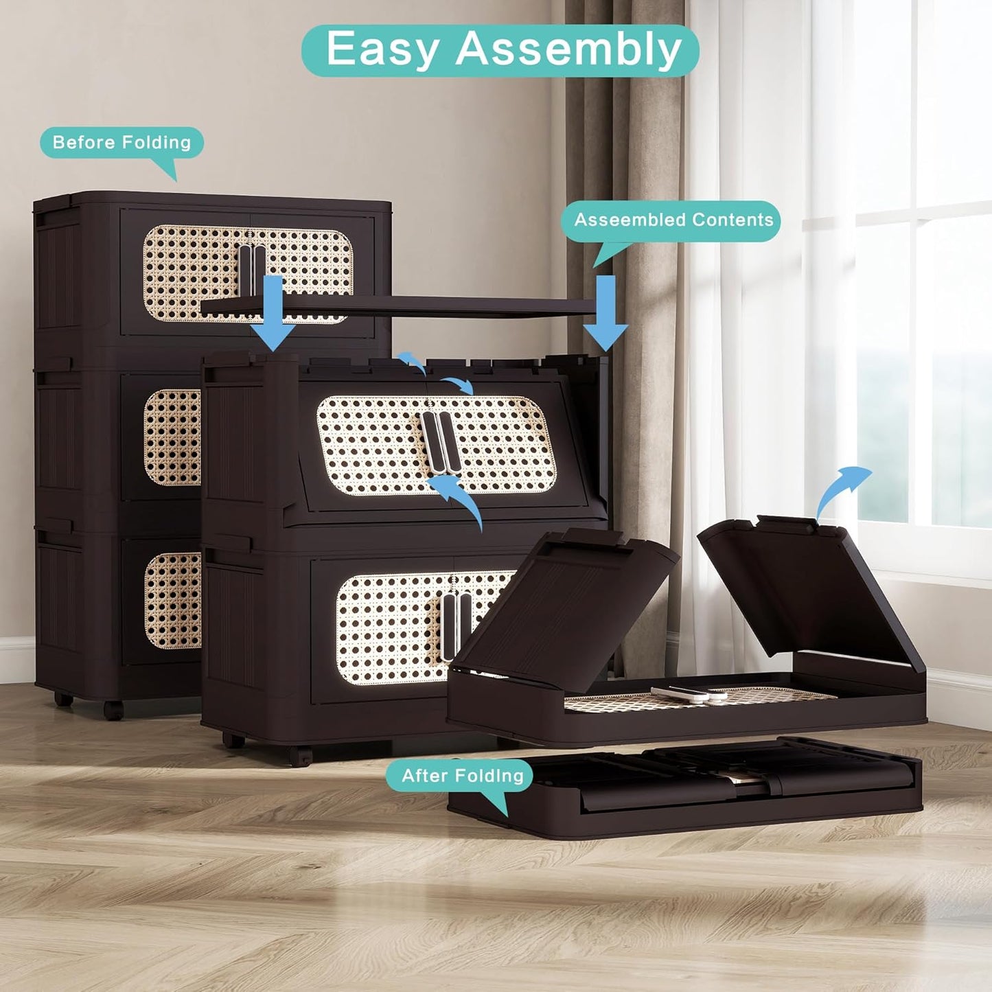 Holaki 195 QT Storage Bins with Lid, 5 Tiers Collapsible Plastic Storage Bins Storage Cabinet Box with Wheels and Magnetic Door for Home Closet Organizers(Retro Brown)