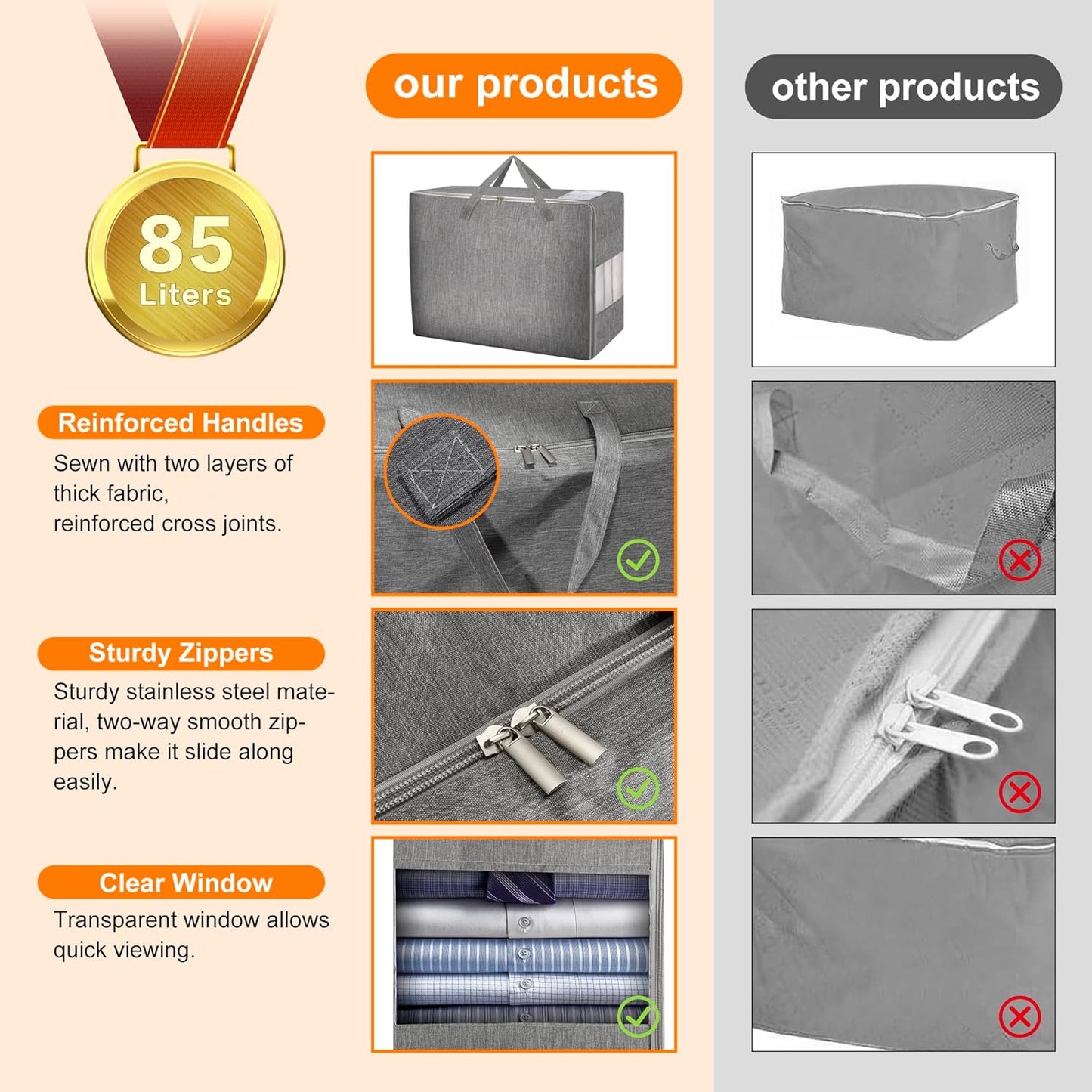 3 Pack 85L Comforter Storage Bags, Extra Large Bedding Storage Bags with Card and Clear Window, Reinforced Handles & Zippers, Foldable Closet Organizers for Blanket Pillow Clothes