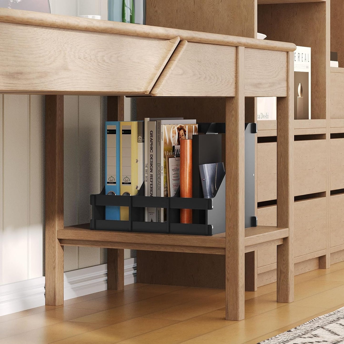 Bamboo Desktop Magazine Holder Desk File Organizer 3 Compartments Vertical File Dividers Book Holder Frames Document Cabinet Rack Storage Organizer Box for Home Office School Black (Black)