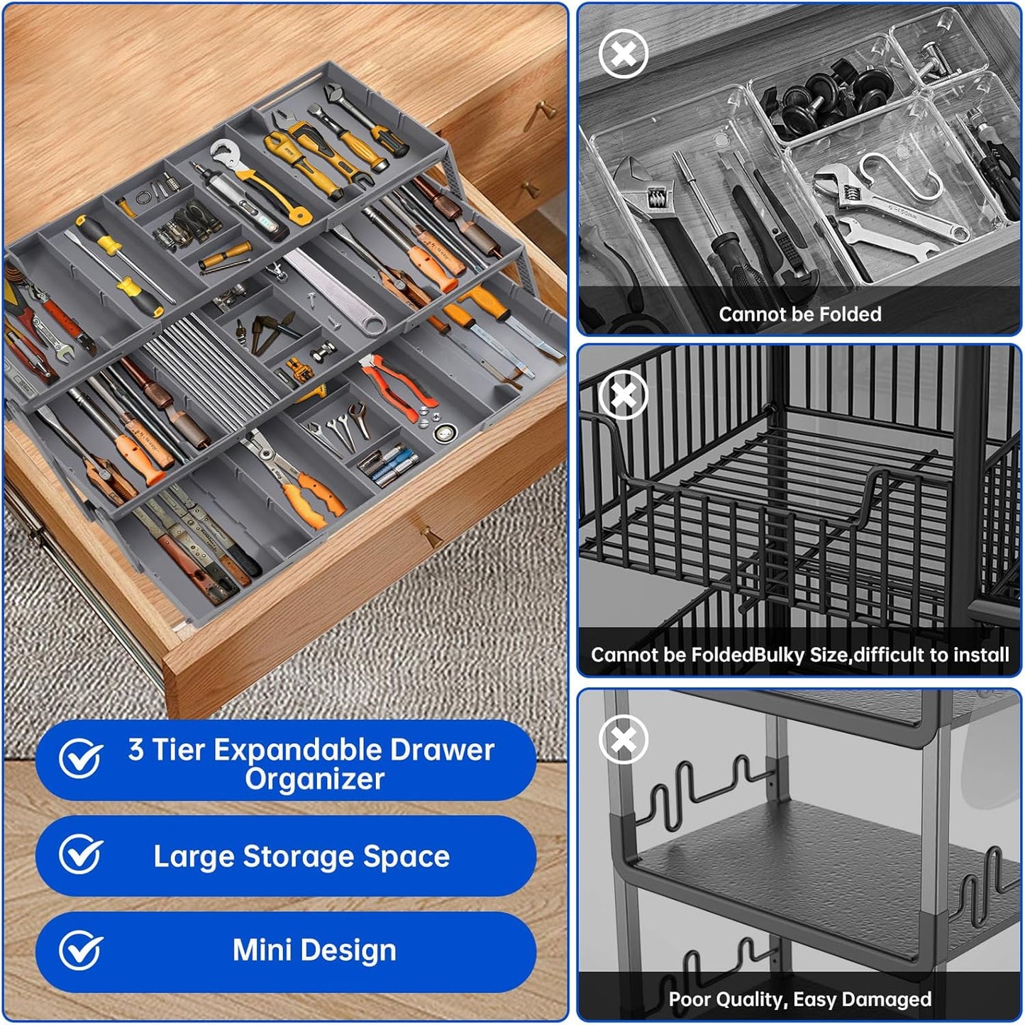 Smart Drawer Organizer Multi Level, Adjustable Folding Junk Drawer Organizer For Kitchen, Bathroom, Office, And Bedroom – Space-Saving Makeup Organizer (Grey)