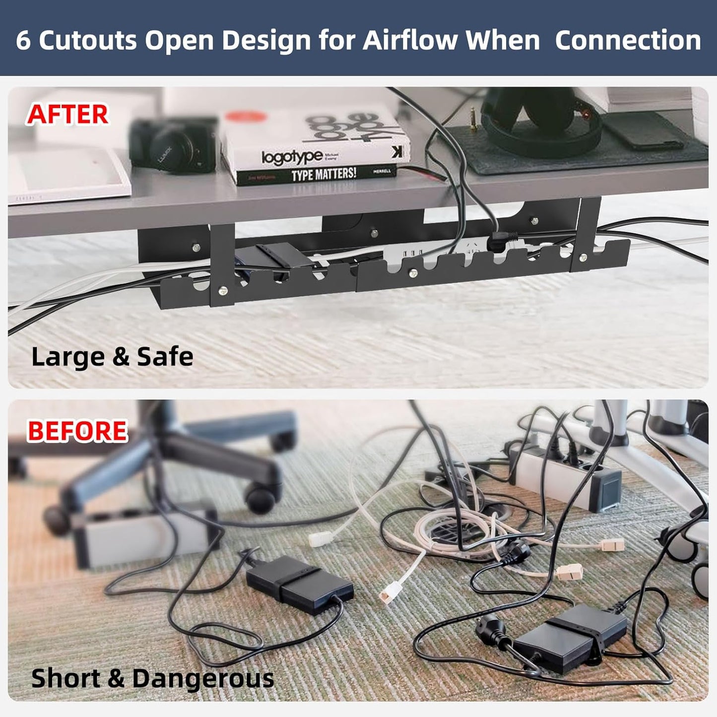 2 Pack Cable Management Under Desk Tray,Adjustable Length(15.7”-31.4”) Large Cord Organizer for Wire Management Tray,Under Table Cord Wire Organizer for Home,Office,Computer Desk