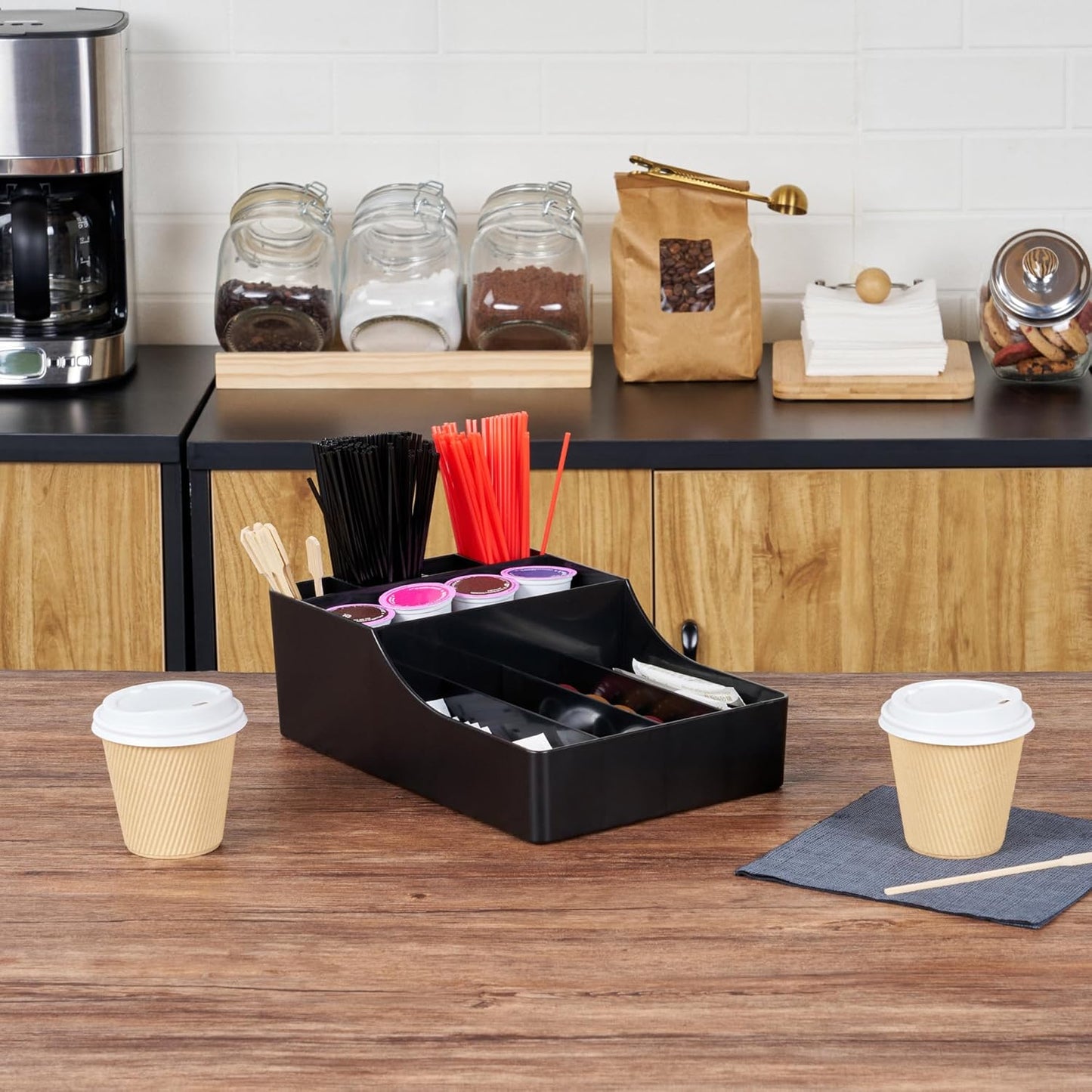 Restaurantware Restpresso Coffee Bar Organizer, 1 Count Durable 9 Compartments, Compact Size, Black Plastic Tabletop Coffee Supplies Organizer For Homes, Office Spaces, Breakrooms, and Lounges