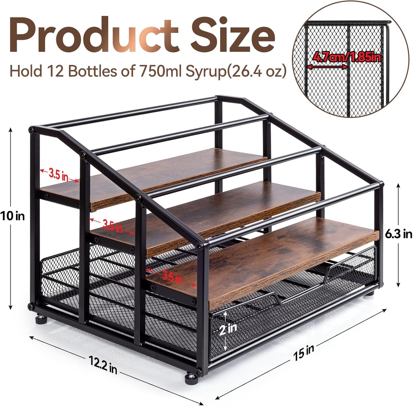 Coffee Syrup Rack Organizer, 4-Tier 12 Bottle Syrup Rack with 35 K Cup Drawer for Coffee Bar, Countertop Bottle Holder Stand for Dressing for Kitchen Cafe Station