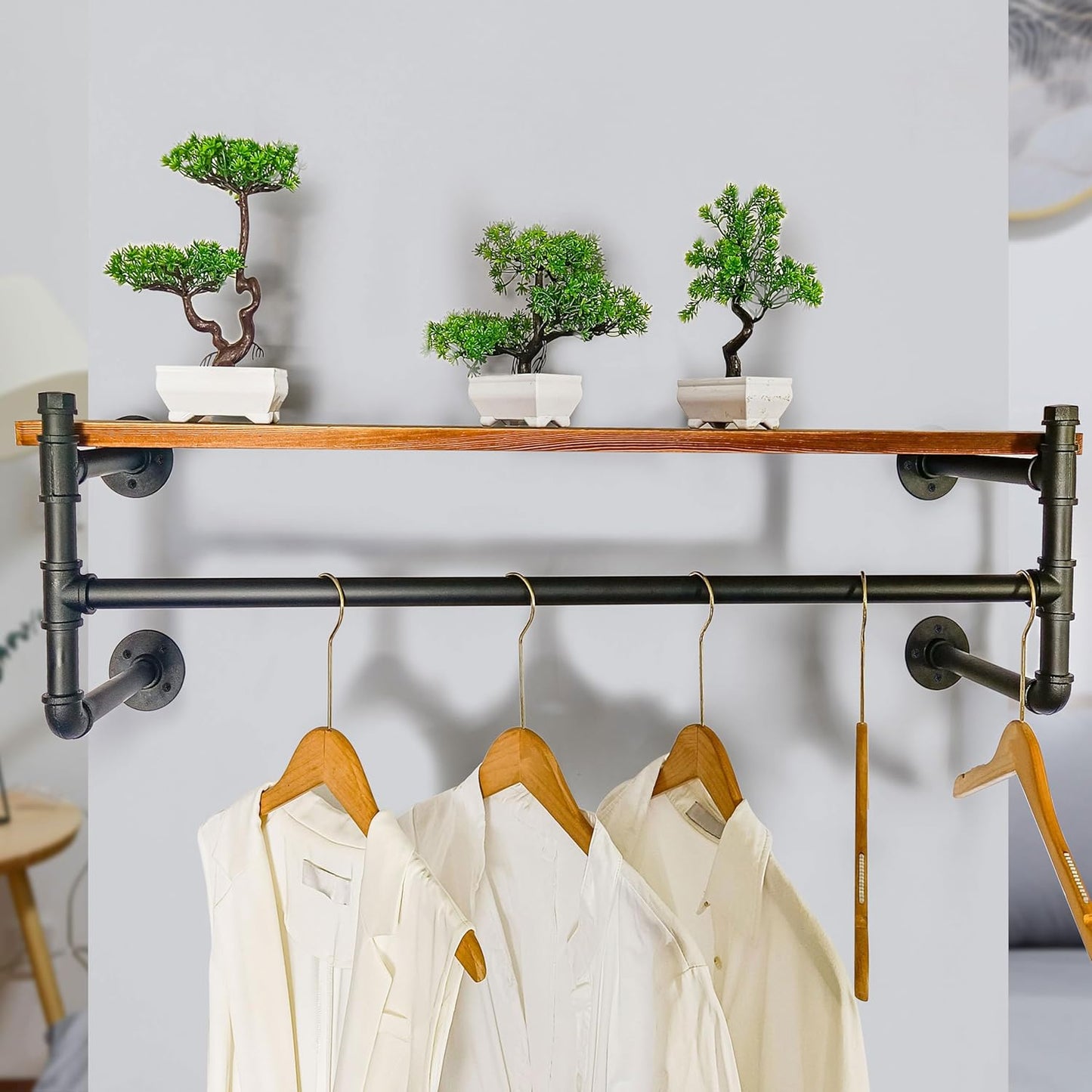 WEBI Wall Mounted Clothes Rack with Shelf,41.3" Long Industrial Pipe Clothing Rack with Shelves,Heavy Duty Iron Garment Rack Bar,Retail Display Clothes Rod for Clothes,Laundry Room,Black