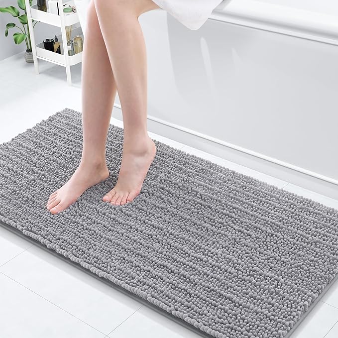 Arotive Luxury Chenille Bathroom Rug Mat, Extra Soft Thick Absorbent Shaggy Bath Rugs, Non-Slip Machine Wash Dry, Plush Bath Mats for Bathroom, Shower and Tub, 60x20, Grey