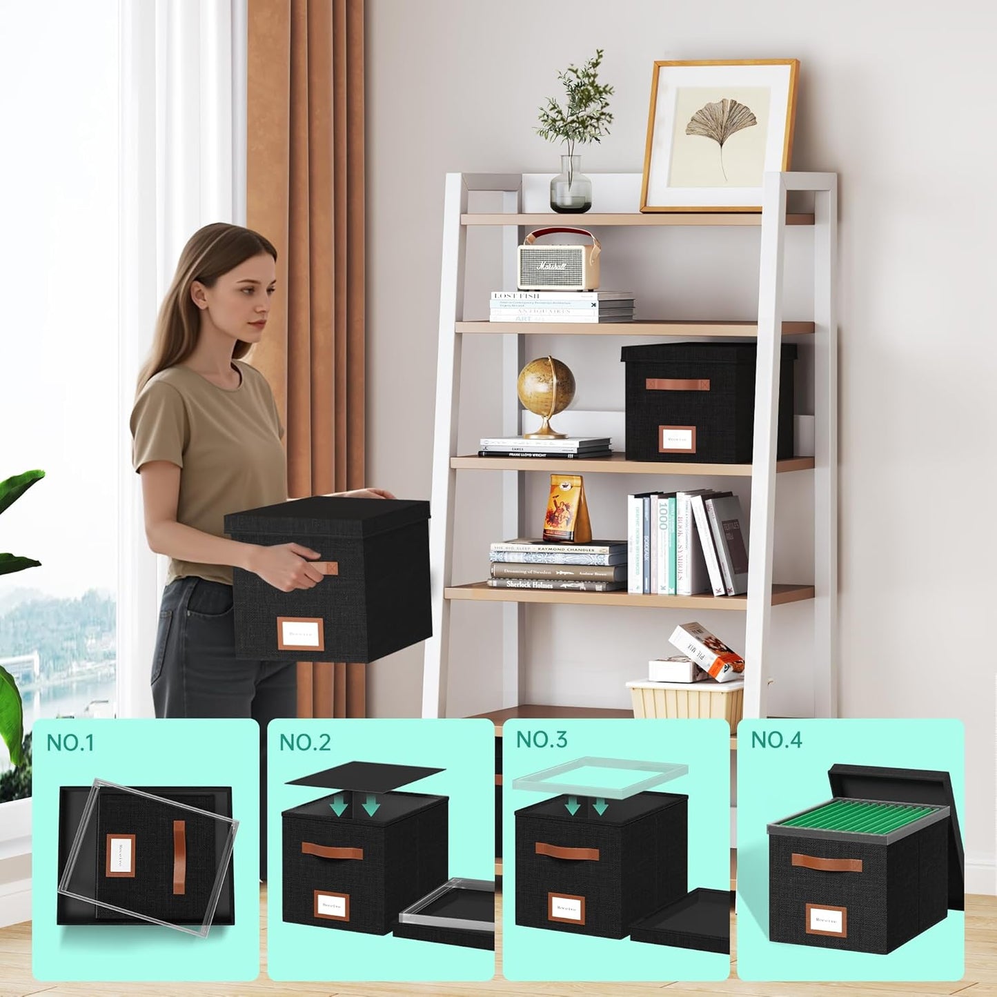 File Organizer Box with Lid File Box for Hanging Decorative File Organizer with One-Piece Integrated Plastic Slide Rail (Black, 13.2x10.1x10.1inch(2pack))