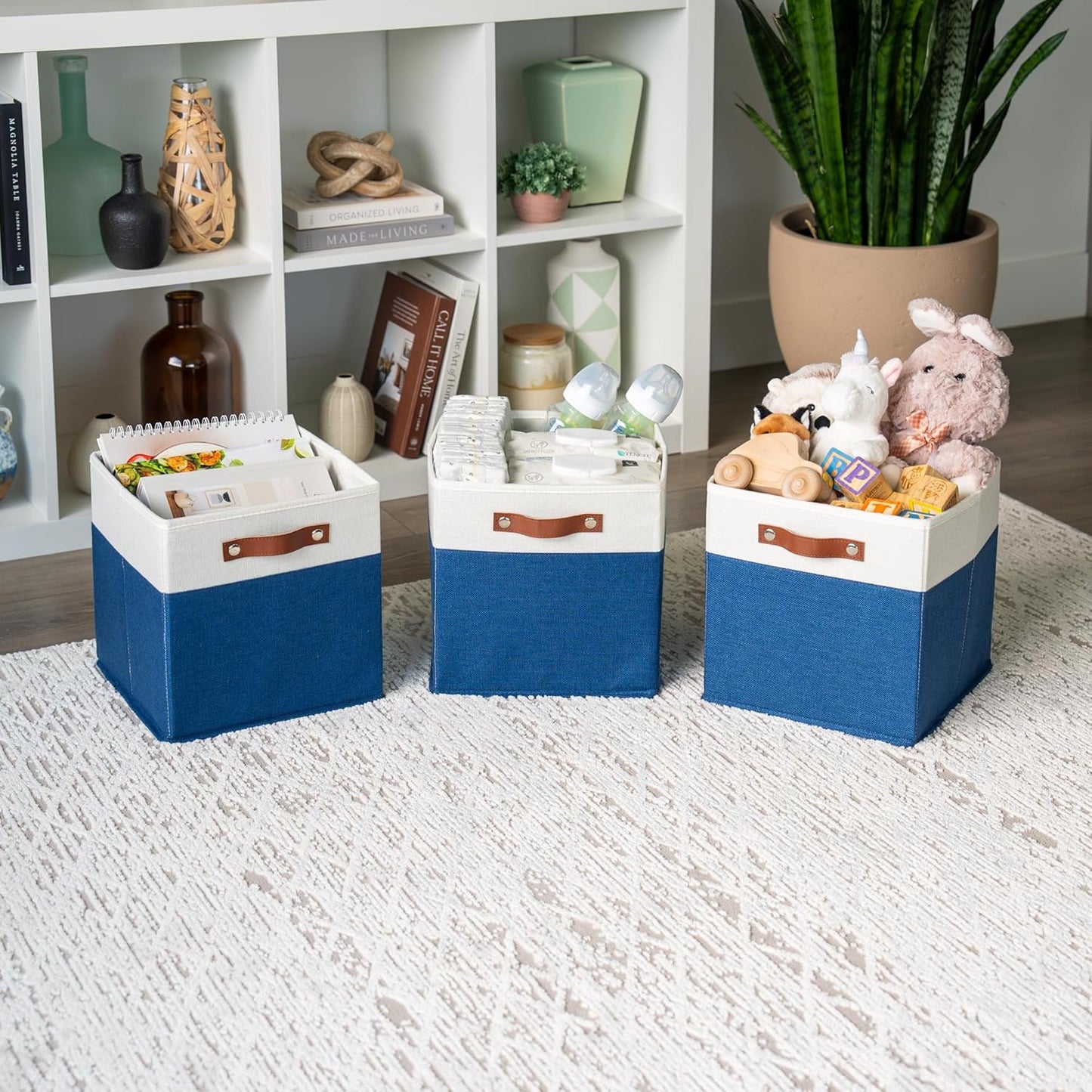 OrganiHaus 11" x 11" x 11" Fabric Cubes Storage Bins Set of 4, Foldable Collapsible Canvas Storage Bins for Organizer, Toy Organizer for Kallax, 11 Inch Linen Cube Shelf Baskets - Navy Blue