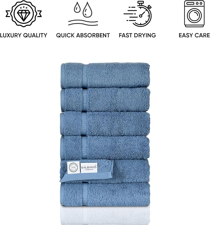 SALBAKOS 100% Turkish Cotton Hand Towel Set of 6 16x30 inch | Heirloom Quality | Hotel & Spa Collection | Ultra Soft, Super Absorbent, Long Lasting Hand Towels | Made in Turkey (Blue, 6 Hand Towels)